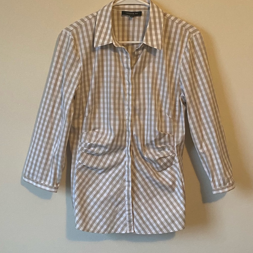 Lafayette 148 New York Beige Gingham Button Down Shirt - Picture 2 of 7